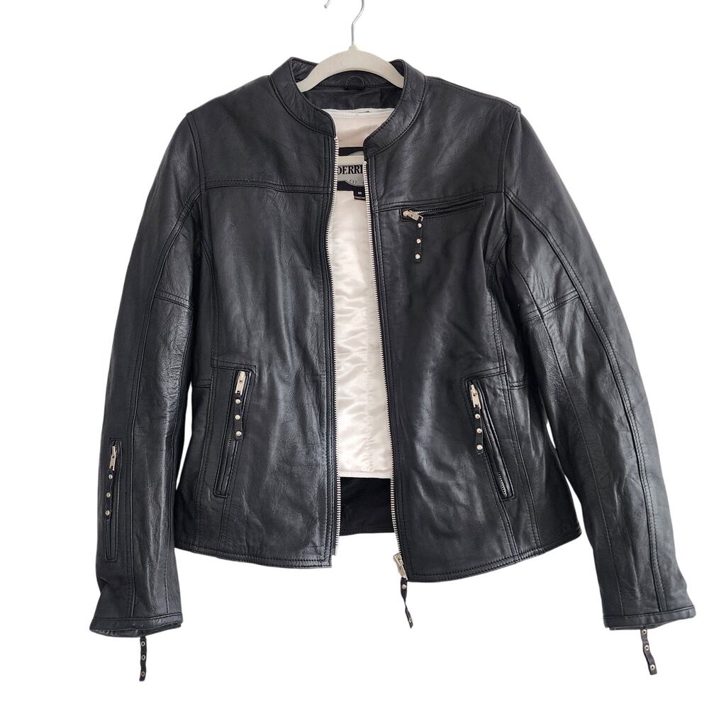 Derringer Black Genuine Leather Moto Jacket Zip Up Silver Hardware Size Medium